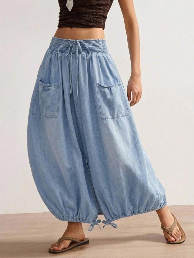 light blue boho casual denim midi skirt