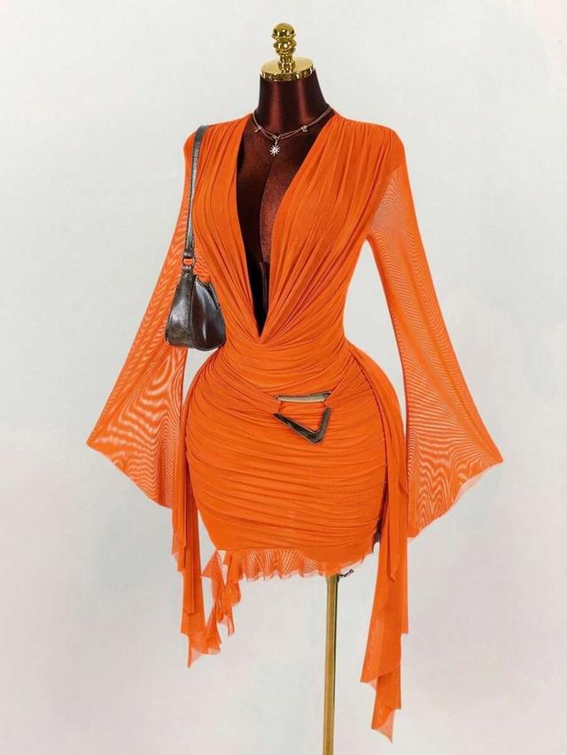 orange mesh ruched long sleeve mini dress