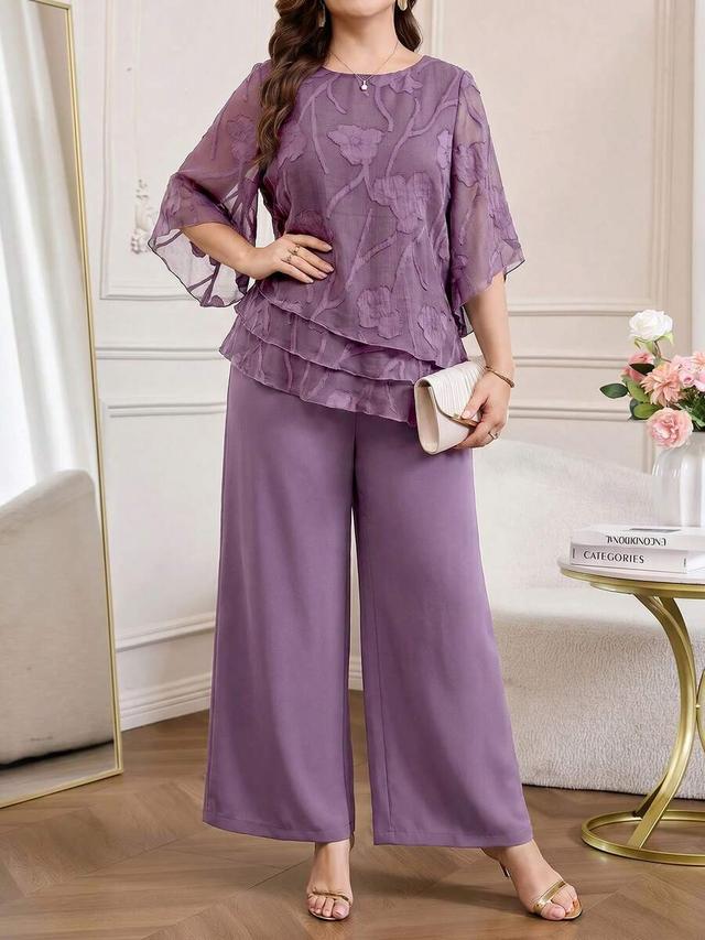 purple floral textured layered top and wide leg pants