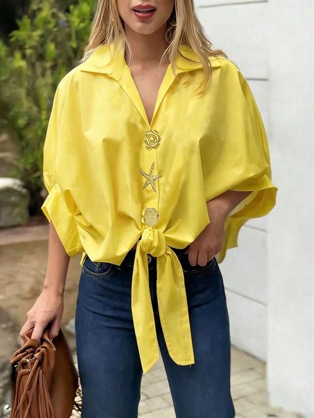 women's casual solid color woven fabric twist button shirt