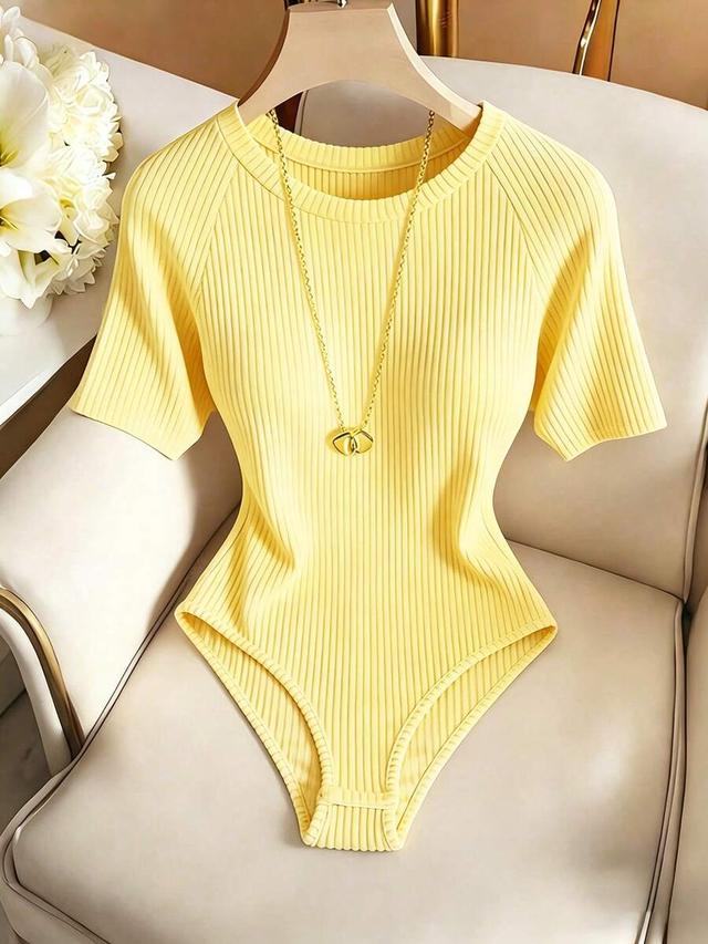 franclia elegant yellow ribbed short sleeve round neck bodysuit