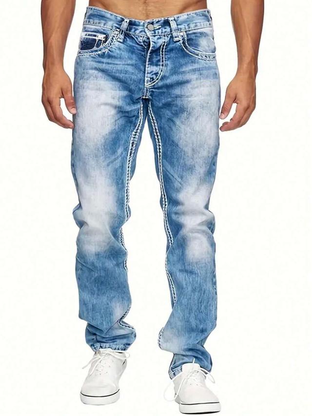 men's fashion straight leg washed denim jeans