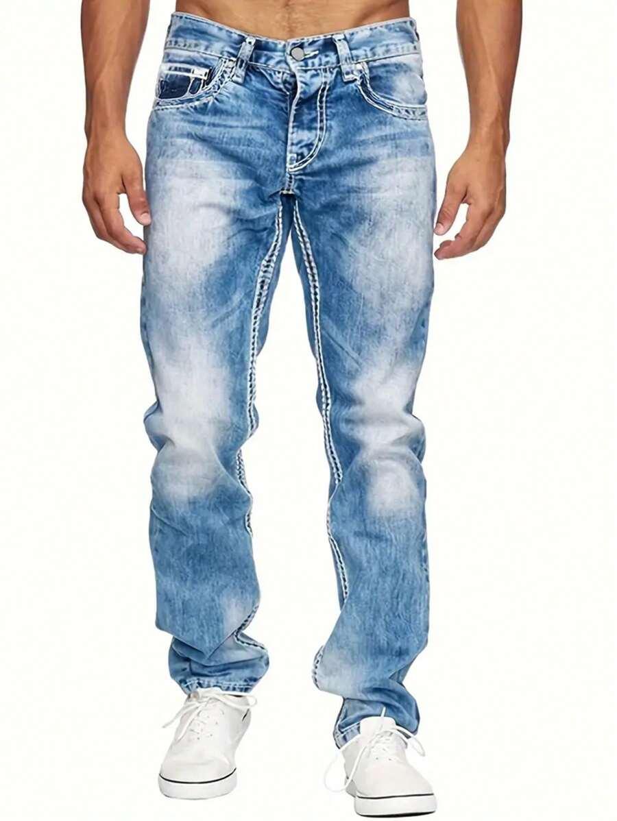 men's fashion straight leg washed denim jeans
