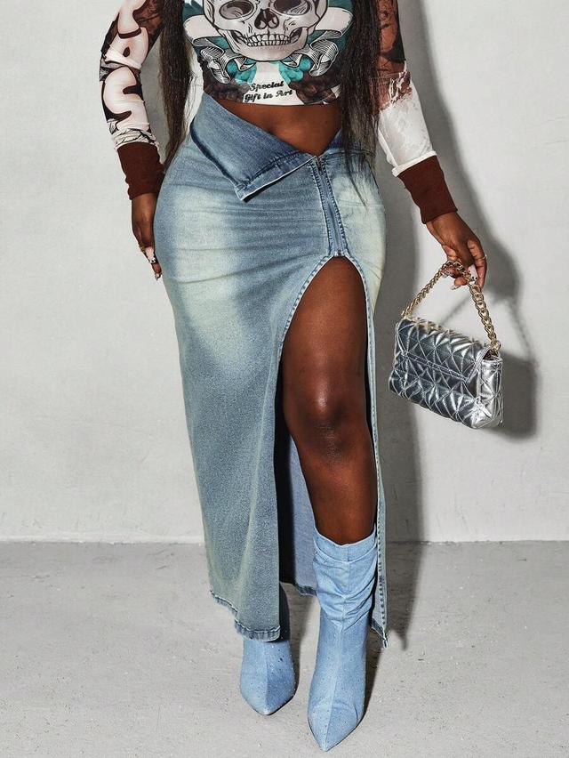 asymmetric waist denim midi skirt with front slit