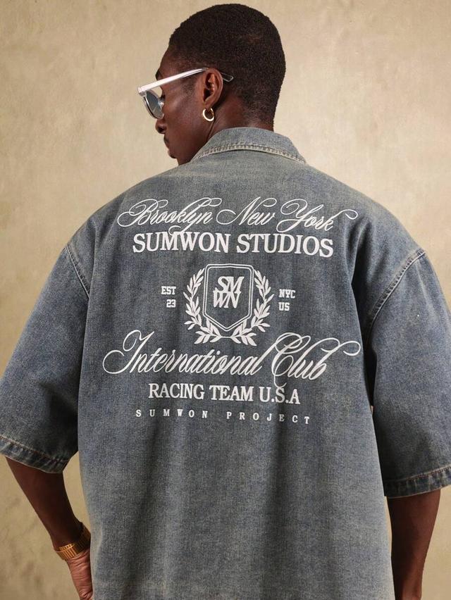 blue oversized denim shirt with back graphic print