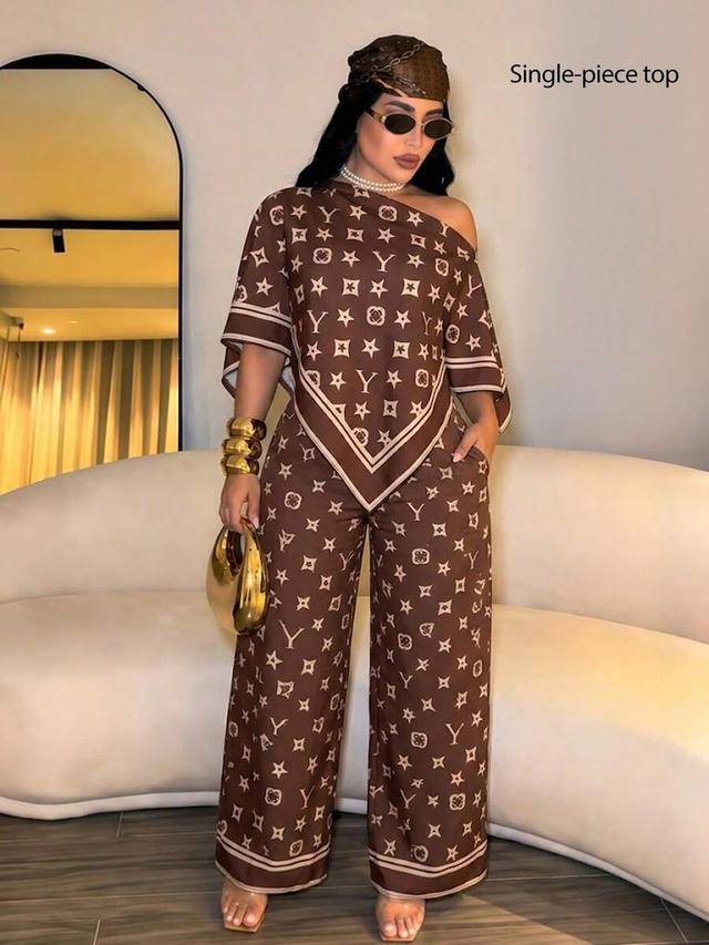 brown printed scarf-style blouse with wide-leg trousers