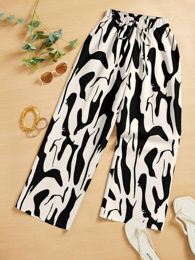 geometric brush stroke print wide leg trousers