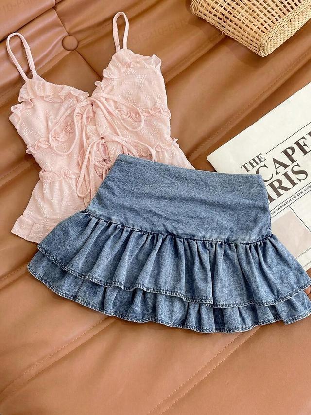pink fashionable denim skirt with ruffled hem