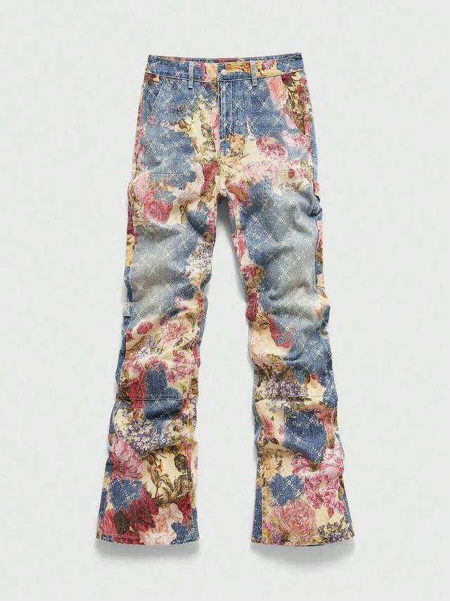 floral pattern straight loose fit denim jeans