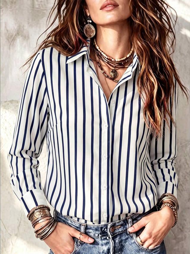 white and navy stripe single-breasted long sleeve shirt