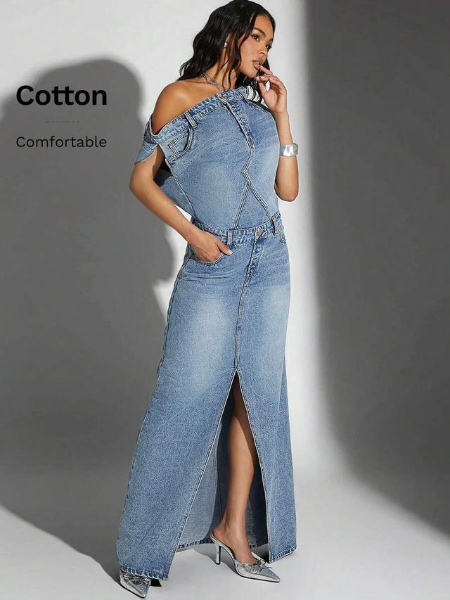 denimoi off shoulder split front denim dress
