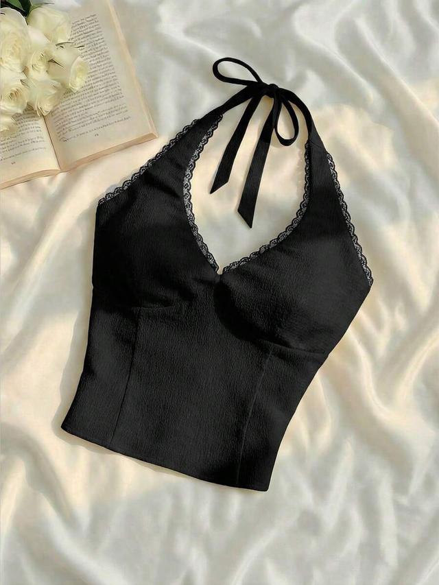 solid black contrast lace halter neck top