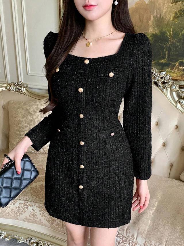 black textured square neck button decorated mini dress