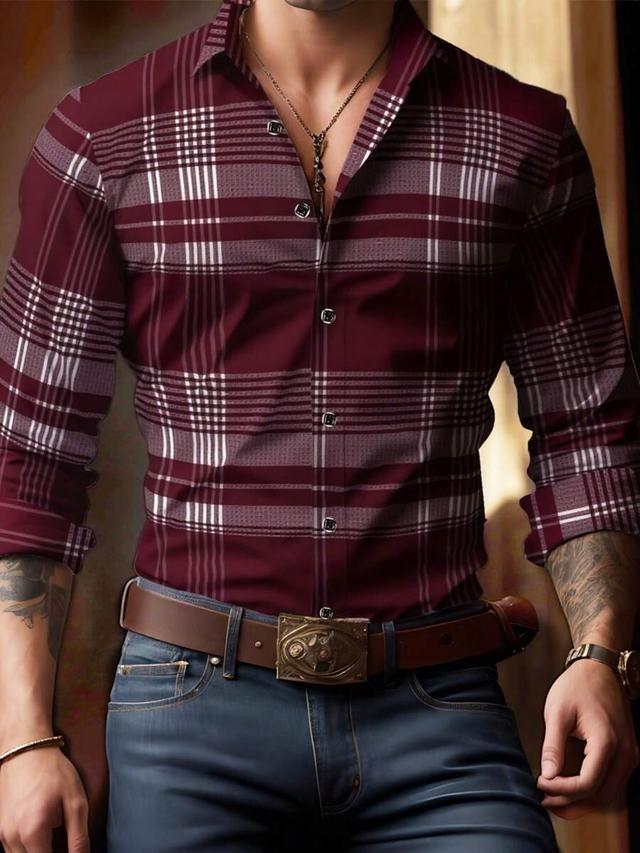 men's classic burgundy plaid long sleeve button-down shirt