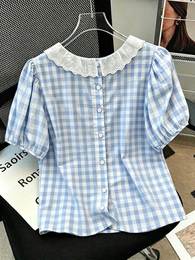 blue and white gingham puff sleeve peter pan blouse