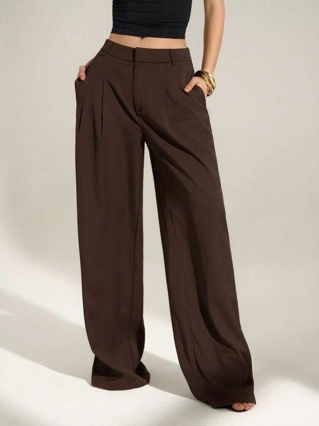 brown high waist pleated wide leg trousers