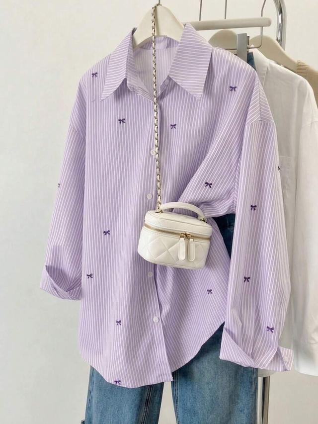 women's striped lavender button-up shirt with bow embroidery