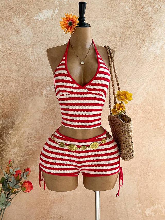 red and white striped knit halter top and shorts set