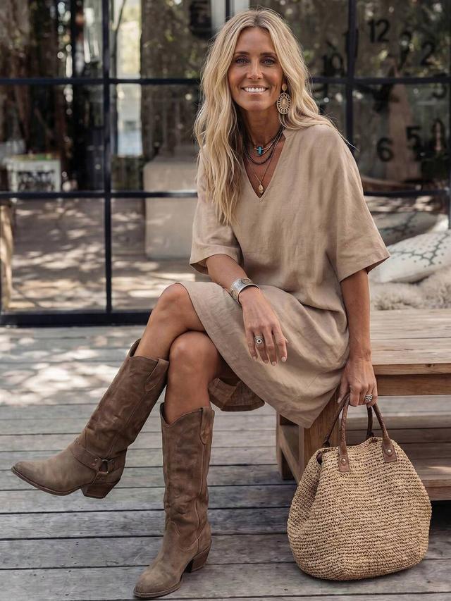 beige linen v-neck relaxed shift dress