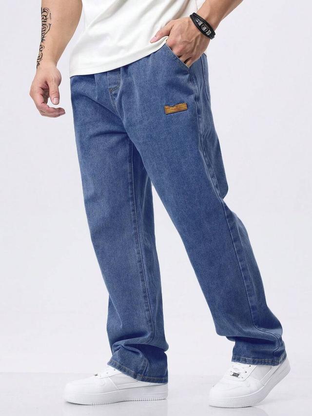 men's washed blue denim elastic waist drawstring jeans