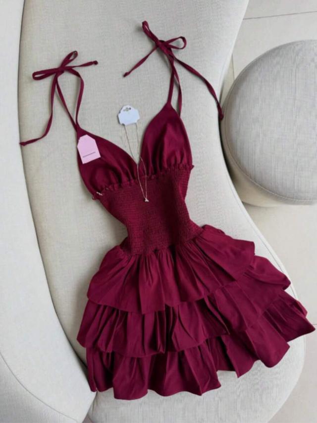 burgundy spaghetti strap layered cake mini dress