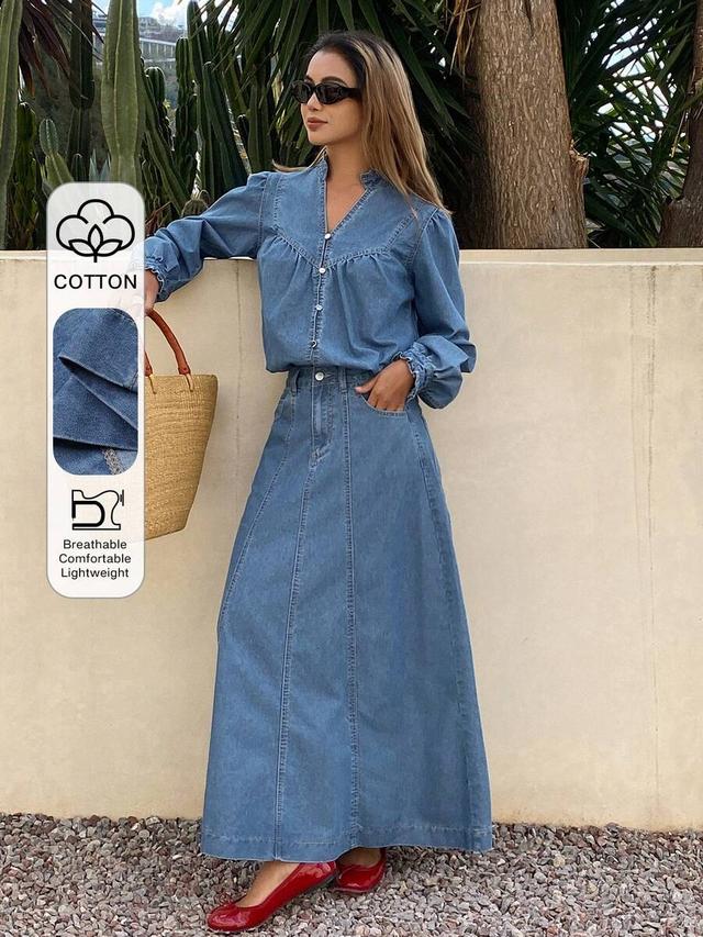 frill trim palace style denim shirt and long skirt