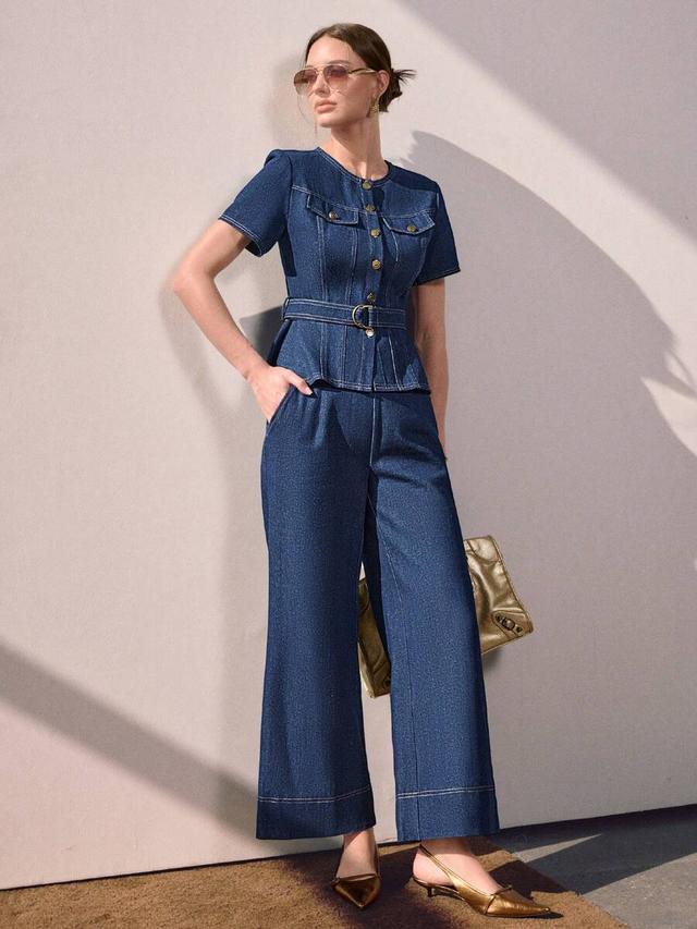 dark wash denim belted jacket and matching wide-leg trousers