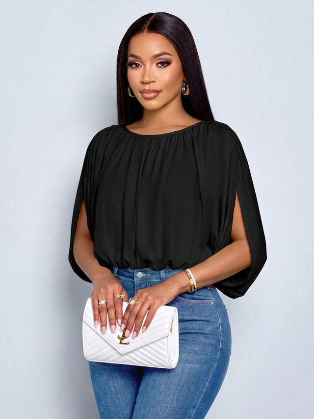 black ruched draped blouse with split sleeves
