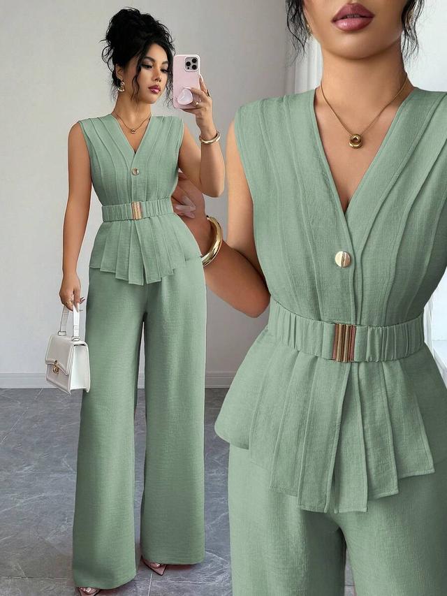 sage green v-neck pleated top with flared trousers set