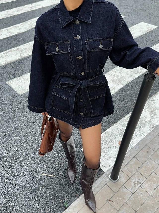 dark wash denim belted jacket