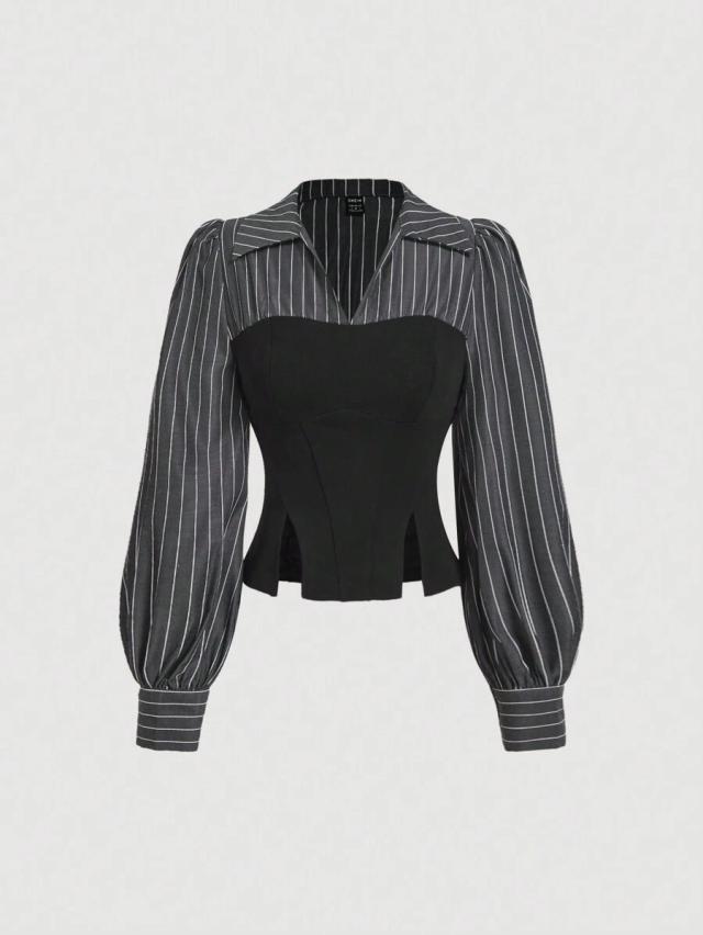 striped patchwork cinched waist split hem blouse