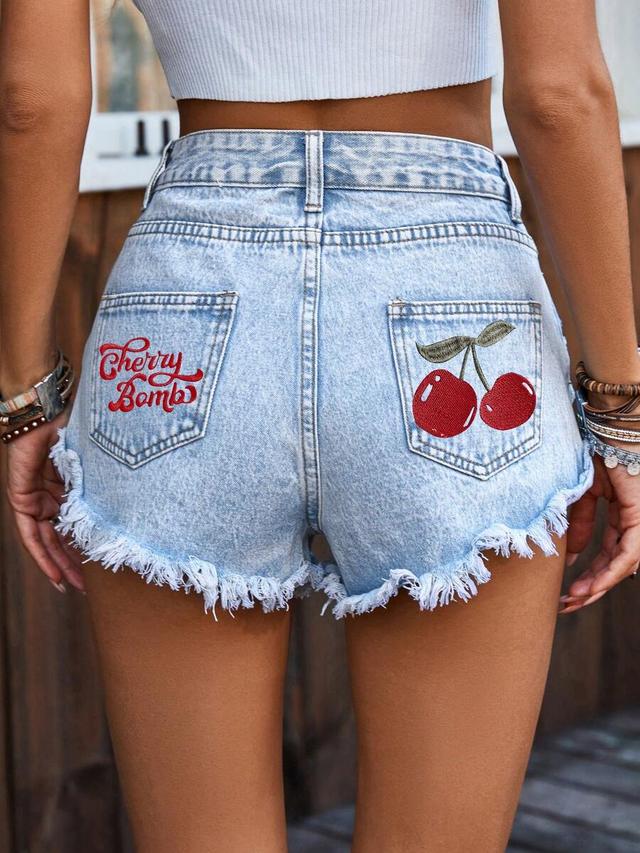 light wash denim shorts with cherry embroidery