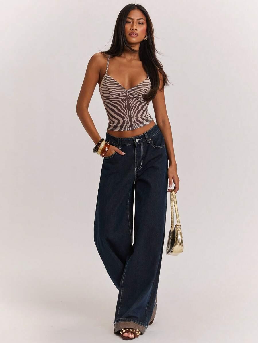 zebra striped print camisole top with metal decor