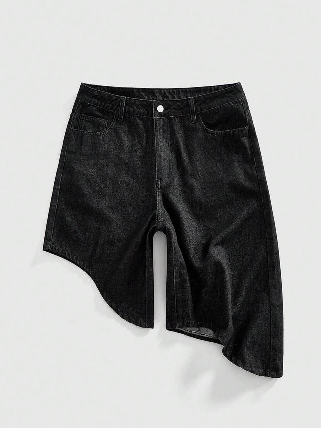 asymmetric hem black denim shorts