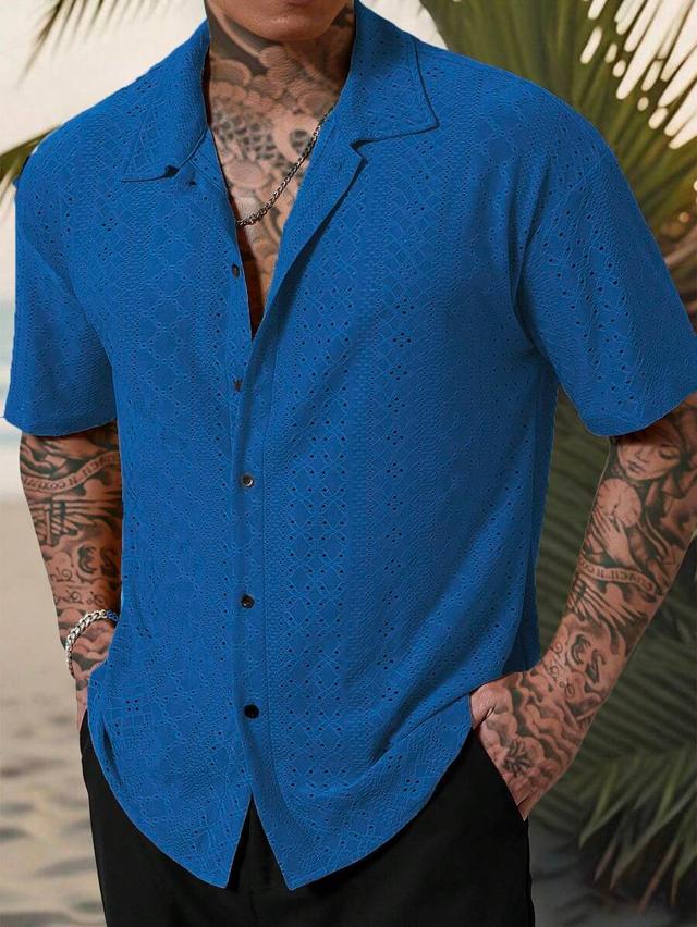 royal blue geometric crochet textured short-sleeve shirt
