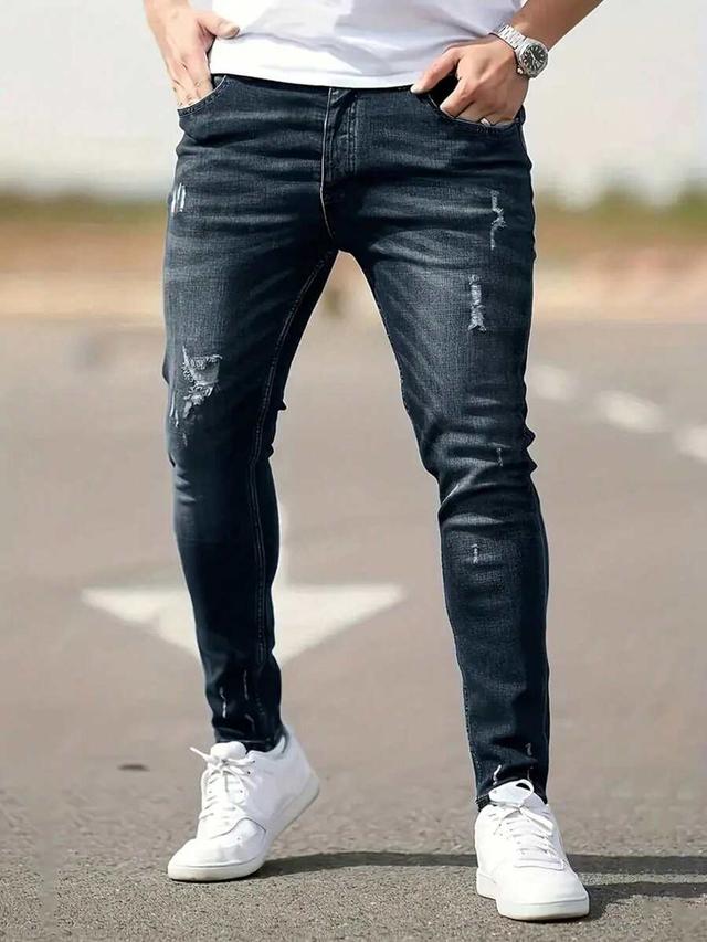 men's dark wash distressed slim fit skinny jeans