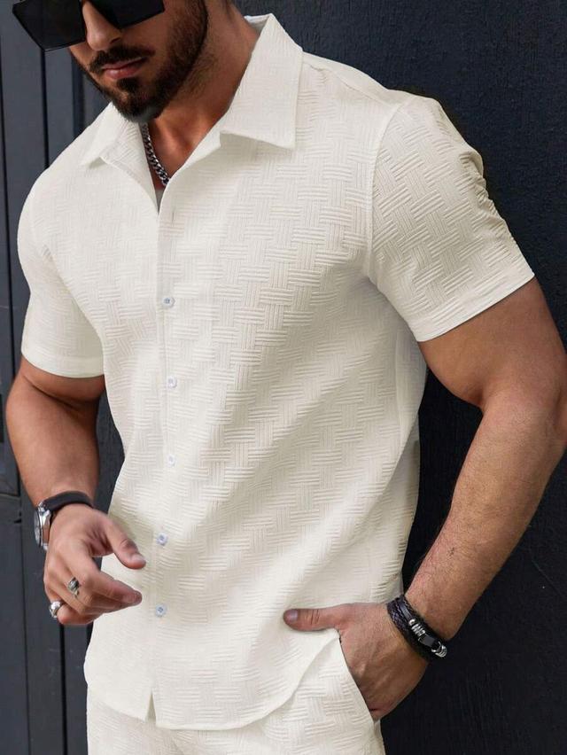 beige ivory textured short sleeve button-up shirt