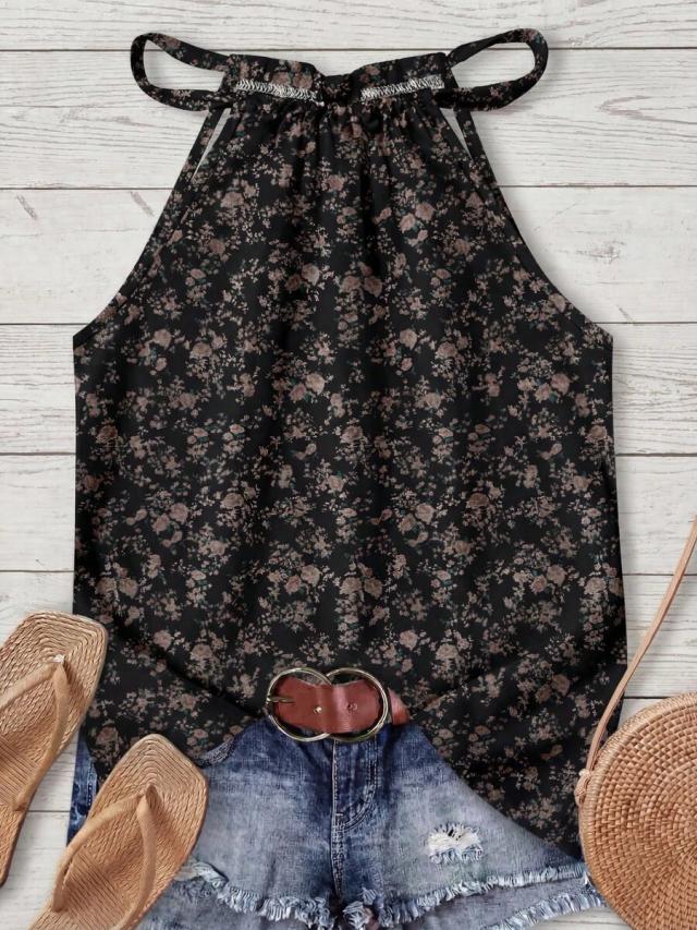 ditsy floral halter neck camisole in black