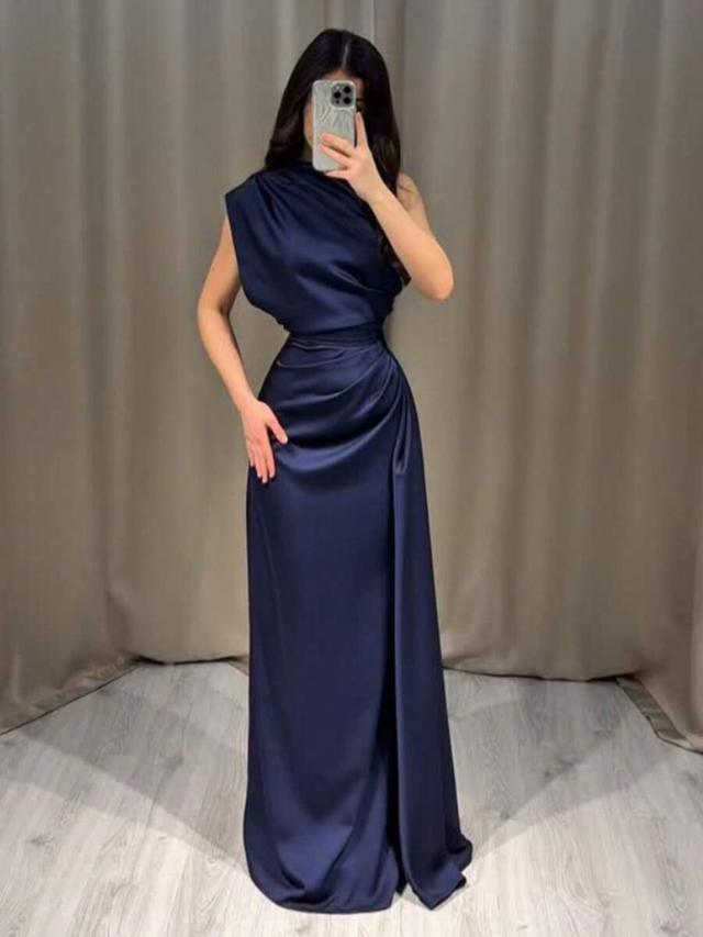women's navy satin asymmetric ruched long formal gown