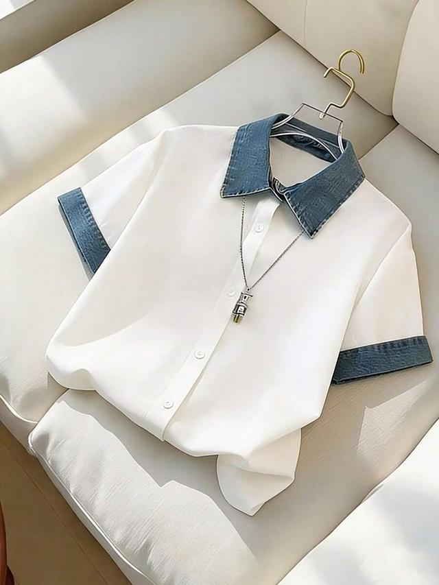 blue and white patchwork cotton shirt