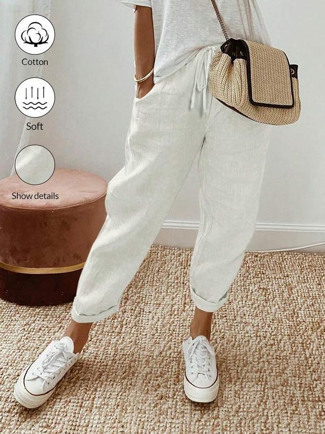 breezaya white linen blend drawstring casual trousers