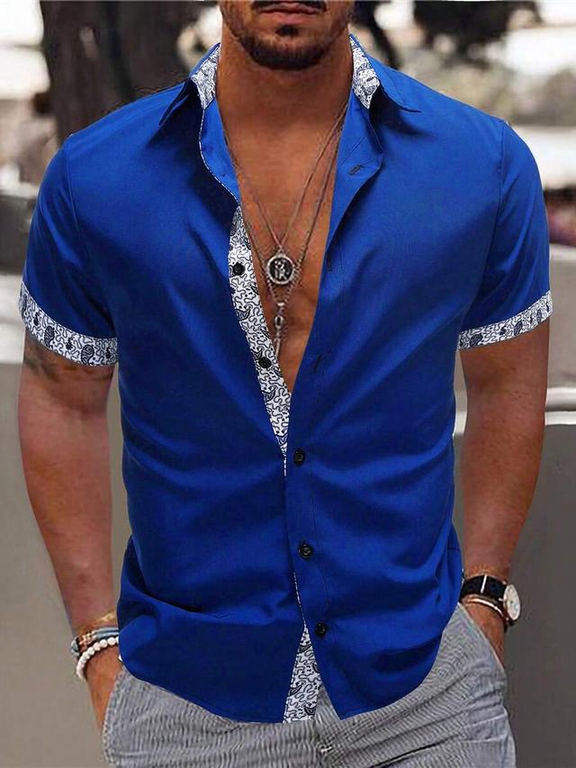 royal blue patchwork short sleeve casual shirt
