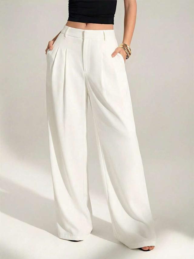 white high waist pleated wide leg tailored trousers