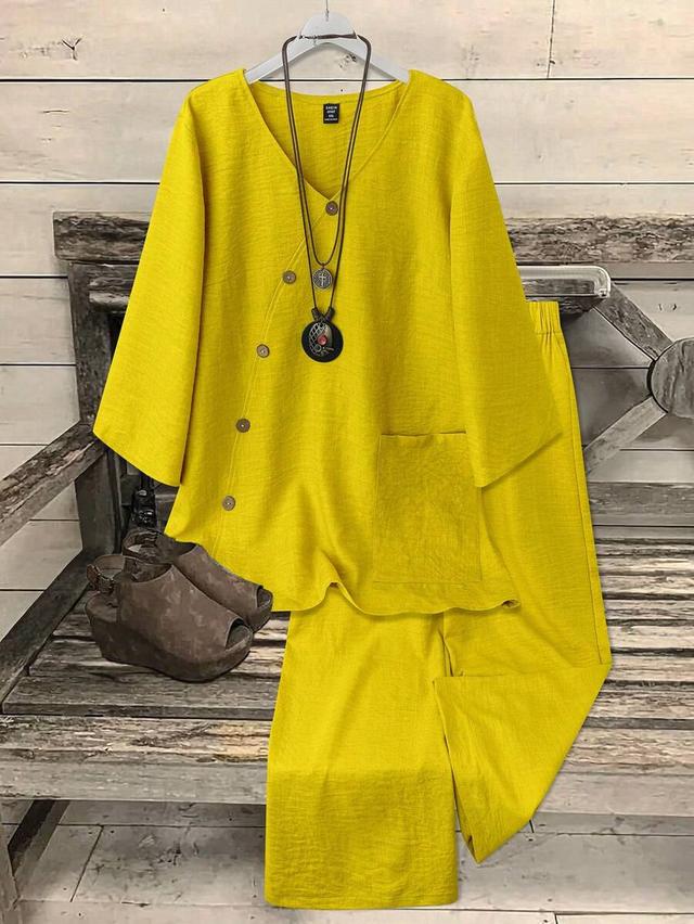 yellow v-neck button decor top and straight pants