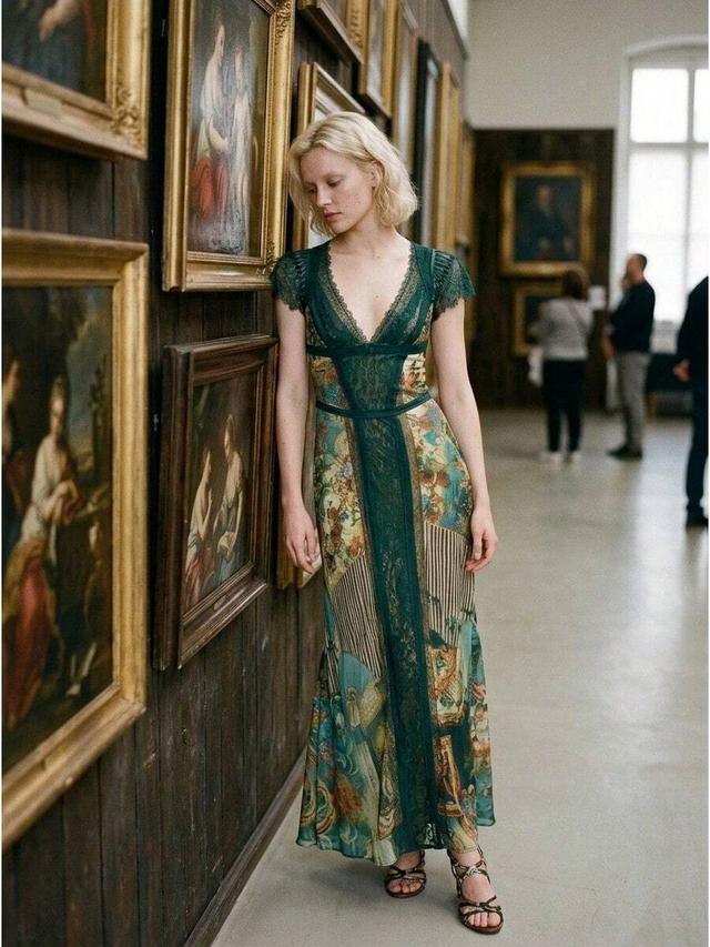 emerald green lace and printed silk maxi dress