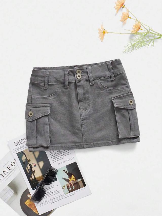 grey cotton twill cargo mini skirt