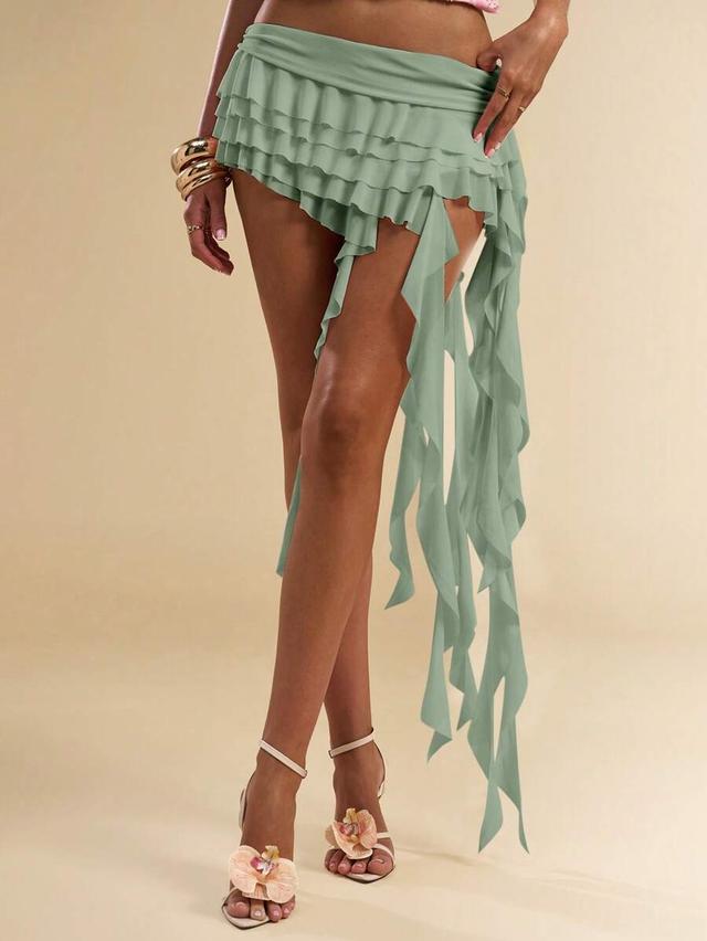 solid color ruffled asymmetric hem mini skirt