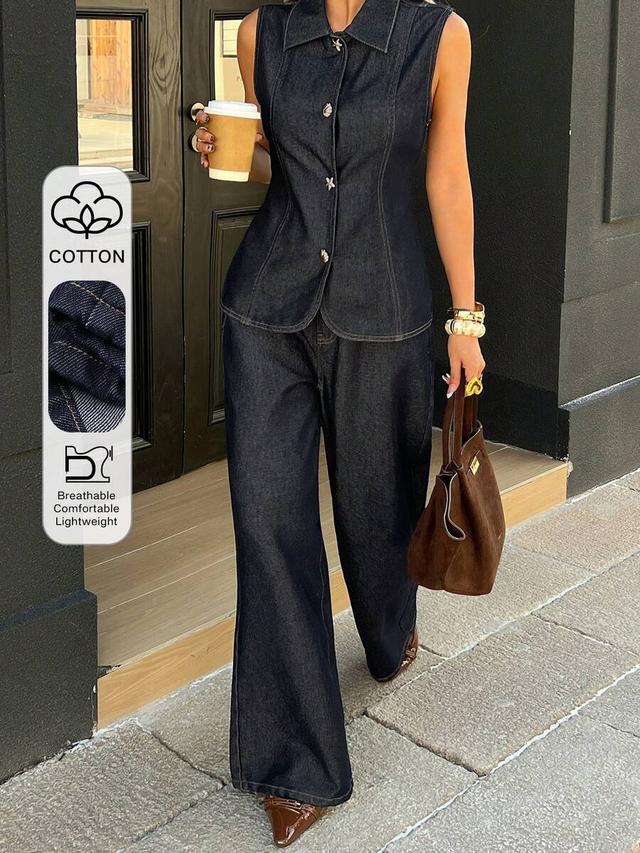 dark wash denim sleeveless vest and wide leg trousers