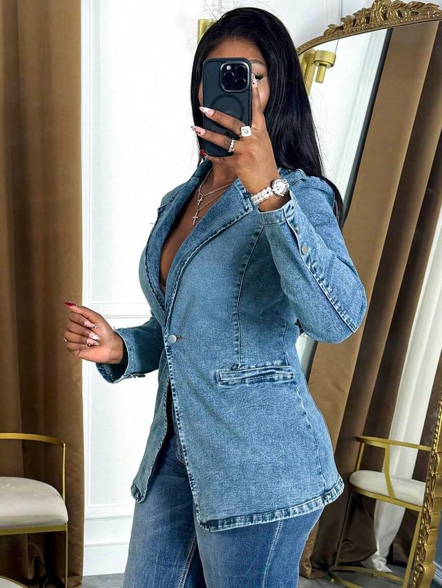 women's buttoned denim blazer jacket