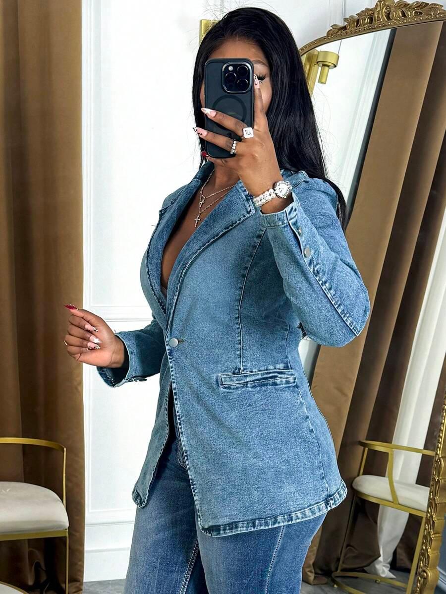 women's buttoned denim blazer jacket